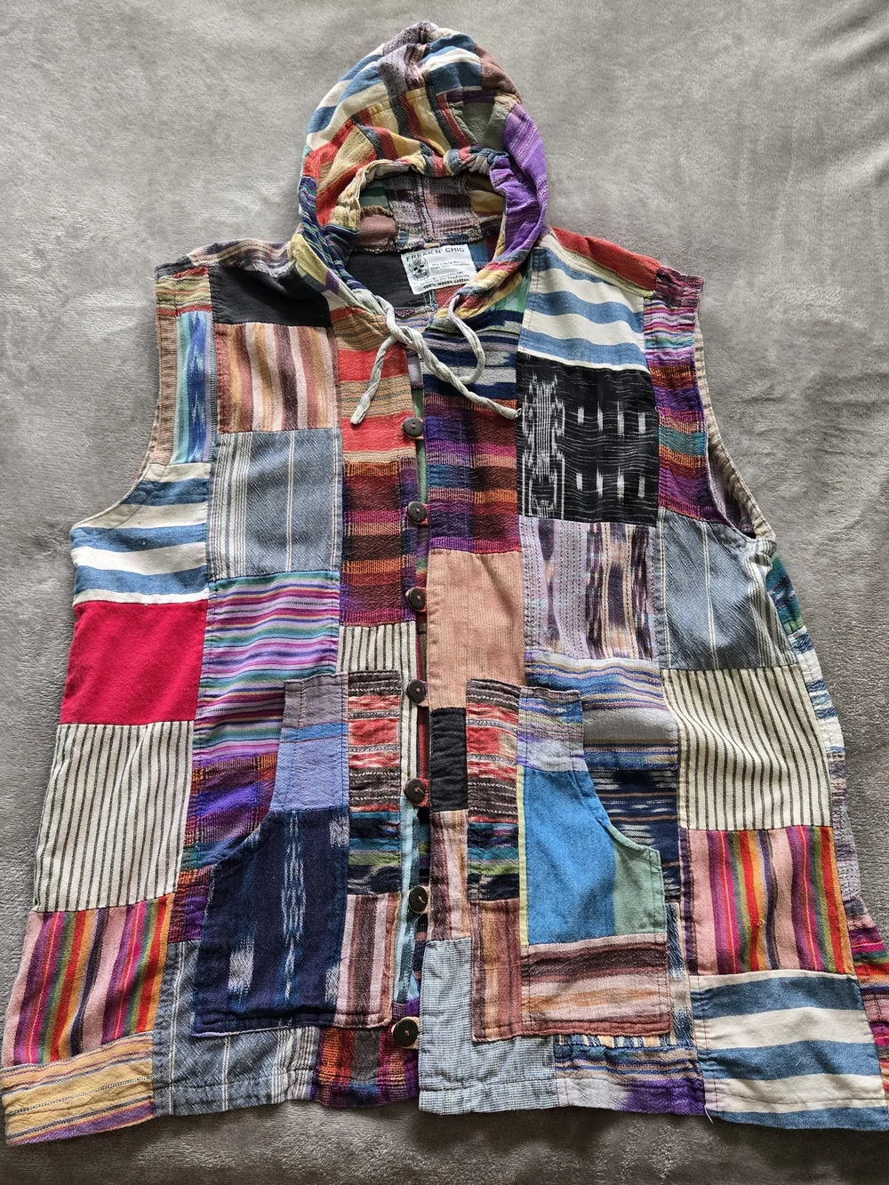 Patchwork Hooded Button Front Vest - Multicolor